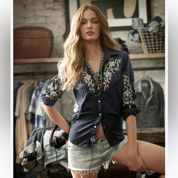 Denim & Supply Ralph Lauren Cowboy Western Embellished Navy Shirt - Picture 15 of 15